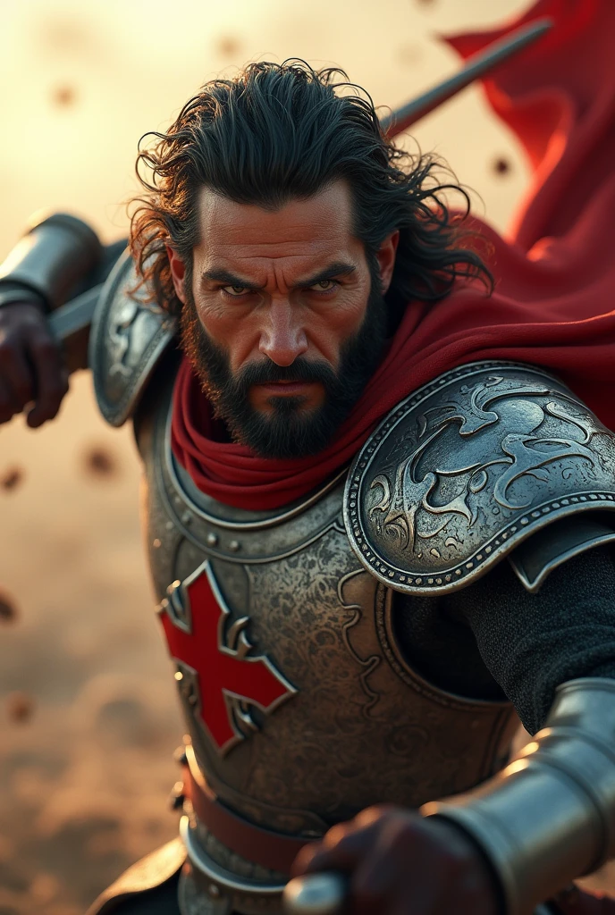 "(masterpiece, best quality:1.5), (dramatic lighting:1.4), ((close-up focus on the protagonist)), (highly detailed:1.3), (epic action scene:1.4), protagonist with a rugged and weathered face, long wavy dark hair, and a well-groomed beard, intense and determined expression, (deep-set eyes full of resolve), wearing steel armor with intricate engravings, the red cross emblem prominently displayed on his chest, (armor reflecting the morning sunlight:1.2), holding a sword with both hands, poised to swing it down with immense force, muscles visibly tensed, (dynamic and powerful stance:1.3), wind catching his hair and the edges of his red scarf, (dust and debris swirling around), ((hyper-realistic skin textures and detailed facial features)), (8k resolution), Unreal Engine, (cinematic lighting with strong shadows), (epic scale:1.5)"