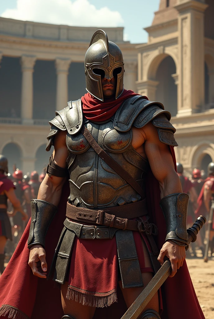 Gladiator wearing a helmet and injured