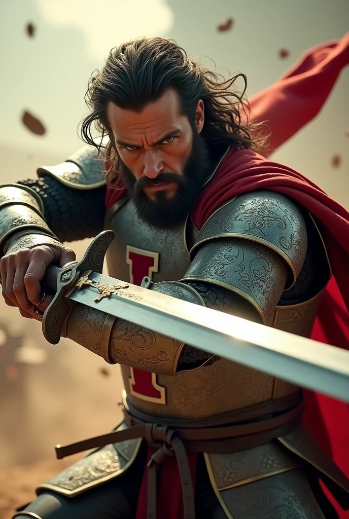 "(masterpiece, best quality:1.5), (dramatic lighting:1.4), ((close-up focus on the protagonist)), (highly detailed:1.3), (epic action scene:1.4), protagonist with a rugged and weathered face, long wavy dark hair, and a well-groomed beard, intense and determined expression, (deep-set eyes full of resolve), wearing steel armor with intricate engravings, the red cross emblem prominently displayed on his chest, (armor reflecting the morning sunlight:1.2), holding a sword with both hands, poised to swing it down with immense force, muscles visibly tensed, (dynamic and powerful stance:1.3), wind catching his hair and the edges of his red scarf, (dust and debris swirling around), ((hyper-realistic skin textures and detailed facial features)), (8k resolution), Unreal Engine, (cinematic lighting with strong shadows), (epic scale:1.5)"