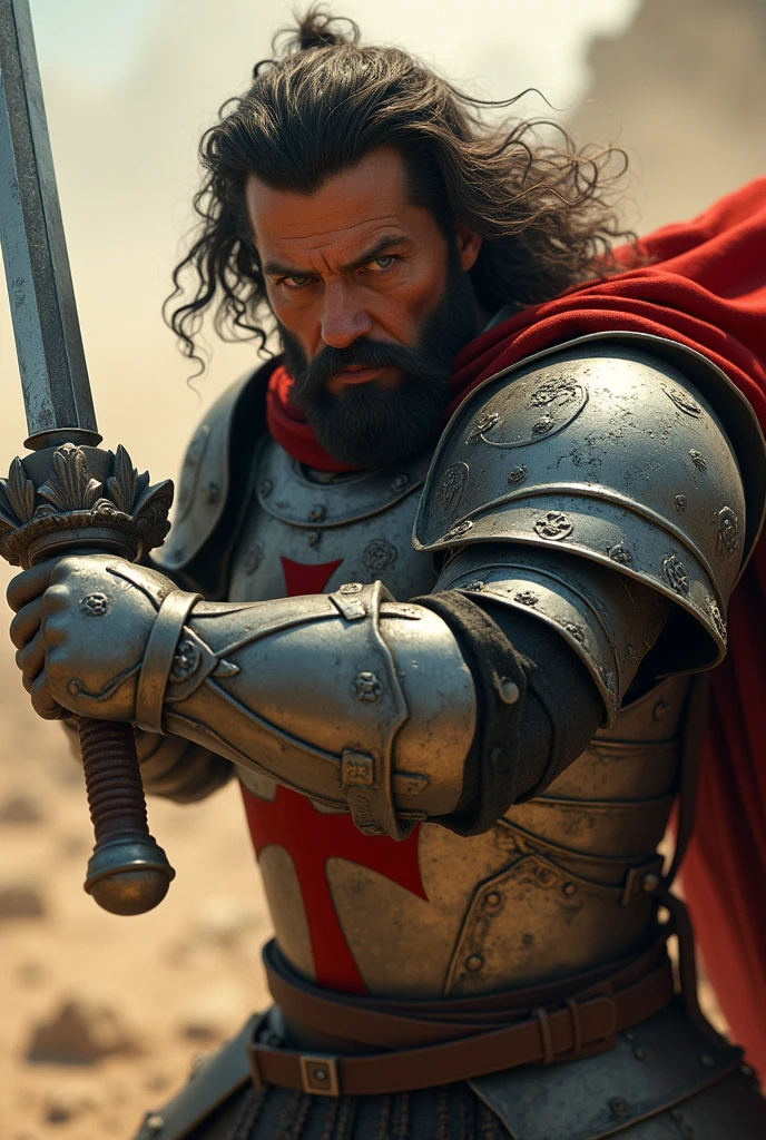 "(masterpiece, best quality:1.5), (dramatic lighting:1.4), ((close-up focus on the protagonist)), (highly detailed:1.3), (epic action scene:1.4), protagonist with a rugged and weathered face, long wavy dark hair, and a well-groomed beard, intense and determined expression, (deep-set eyes full of resolve), wearing steel armor with intricate engravings, the red cross emblem prominently displayed on his chest, (armor reflecting the morning sunlight:1.2), holding a sword with both hands, poised to swing it down with immense force, muscles visibly tensed, (dynamic and powerful stance:1.3), wind catching his hair and the edges of his red scarf, (dust and debris swirling around), ((hyper-realistic skin textures and detailed facial features)), (8k resolution), Unreal Engine, (cinematic lighting with strong shadows), (epic scale:1.5)"