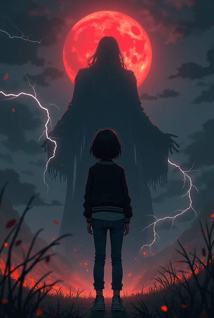 I want a mysterious picture. My book is on an ancient greek civilisation. Black colour theme. Zeus should be standing behind the girl. She has dark hair and a tomboy. I want a dark zeus standing behind her. Also only her back is visible. She ll be surrounded by thunder and lightning and also fire. No frocks or dresses. A jeans and shirt. Also dark zeus. Only surrounded by fire and lightning. And no anime. Realistic picture. A dark one. Zeus should not be visible a lot. Like people shouldnt know its zeus. So just a darkenned zeus. I dont want people to know its him. Um why dont we put a cloak on top of him. Make him more darker. A dark version. I dont want him to be white at all. Darker. I also want bit of blood moon. I want zeus larger. And throwing thunderbolts at the girl. Make zeus extra black. His eyes will bw glowing red. Make the whole background to pitch black. Only light is from fire the blood moon and lightning. Make it look realistic and cool. Not like a kids. Pure adult. No moutains or anything. Complete pitch black. Complete road has to be black. Put some clothes on zeus. The girl has short hair btw. Darker. Dark blood red moon. Cover zeus's face with a cloth. Make the girl short. She s 14 and will wear a varsity jacket. Make it black. Make zeus as a fading background. Totally black colour completely covered by a cloth. Zeuss eyes will be bloody red