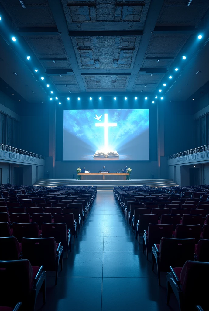 A very huge and wide rectangualar meeting hall, with many rows and Columns of chairs devided with 3 walk ways,blue and white light in the building,ceiling with many spot lights, A wide Huge stage at a far end, background of the stage "a full screen shoing A light shining out from a bible cross on the top of the bible and a dove on the top of the cross"