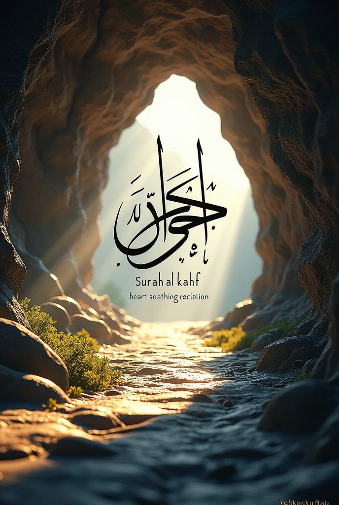 "A serene, spiritual scene depicting the interior of a cave illuminated by soft natural light. The environment is peaceful, with rocky walls and a pathway leading out of the cave. In the center, Arabic calligraphy beautifully displays 'Surah Al-Kahf,' with an accompanying text that reads 'Heart Soothing Recitation.' The atmosphere is tranquil, invoking a sense of calm and reflection."