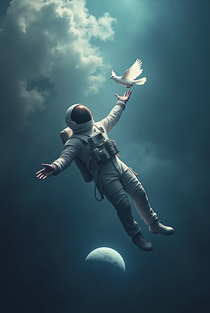 Am astronaut floating in space, he has stretched one of his hand to reach out a small white dove, there are stars behind the astronaut in the background like small white dots . There's also space clouds behind the astronaut. And there's the moon beneath him. The astronauts legs and hands are not closed to his body , he is open , he is free, he is floating , he's in peace.(While creating the image ,no need to show the astronauts face , his body must be covered with suite as he is in space , I have described about the astronaut seeing illusions)