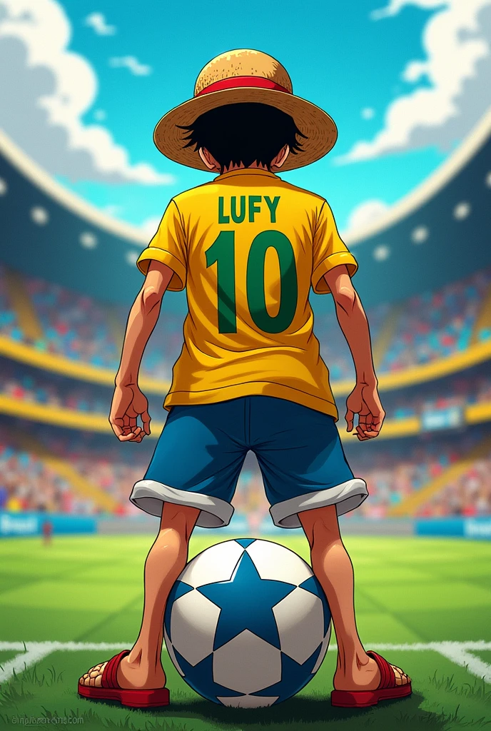 Luffy with his back to the camera wearing Brazil's number 10 shirt with the ball at his feet
