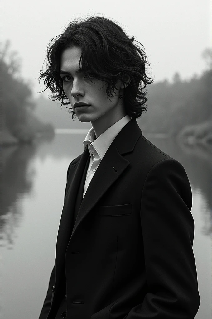 handsome boy with wavy long ha sad , black and white dress river side 
