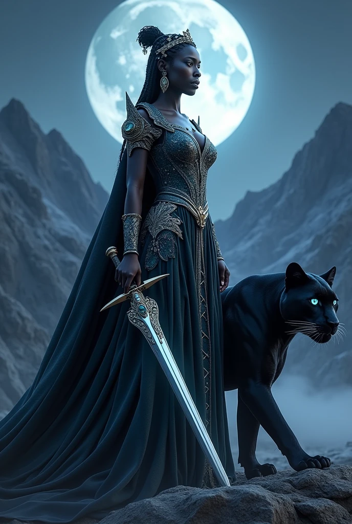 Black royal queen in royal coated dress and sword  with shimmering sparkle blue eyes with black panther background with black mountaims with moon 