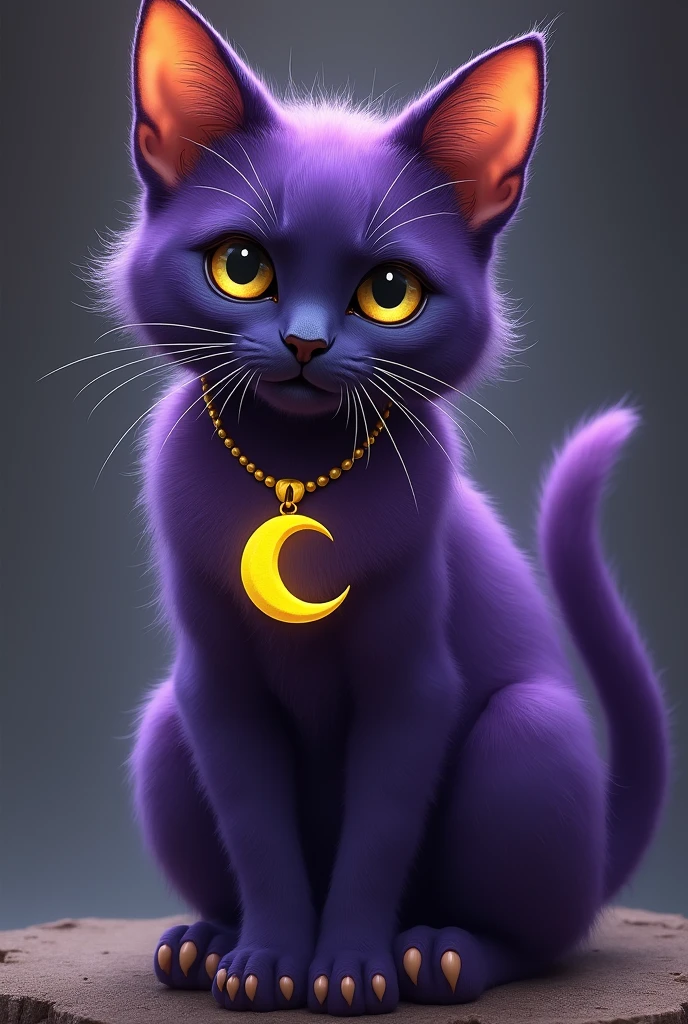 cat mouth closed, black eyes with white pupils, black mouth, (yellow crescent shaped necklace), purple fur, great anatomy, cat long tail, paw pads