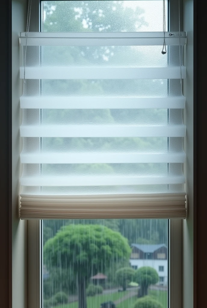 Generate an image of a monsoon blind in the Roman fold style. The blind should feature horizontal pleats that fold neatly when raised, made of water-resistant fabric to handle monsoon weather. The design should be simple and elegant, with subtle Roman-inspired patterns, and the scene should depict the blind partially lowered, with rain visible outside the material is PVC Plastic and it's transparent so the background are visible.