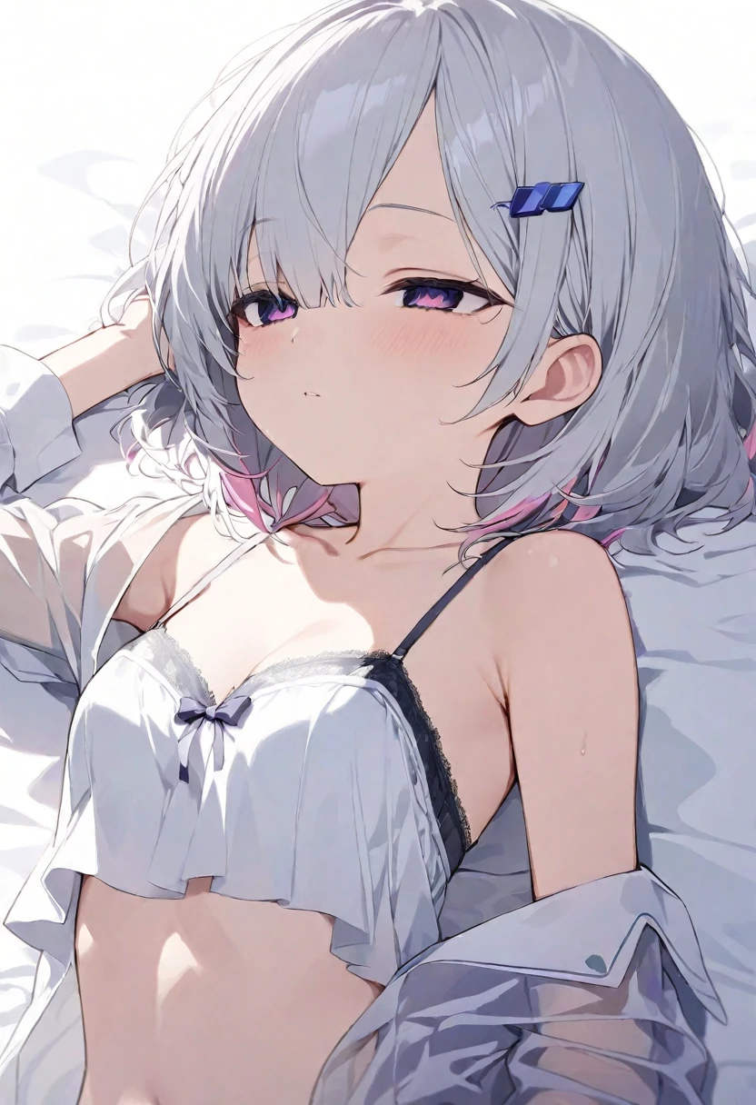 short hair,Short Hair,Straight Hair、Gray Hair、Twinkling eyes、Golden Eyes、Cat ear,Cat tail、White cat,Embarrassing,Lying in bed,White sheets,naked,Small breasts、shine、reflected light、Film Grain、masterpiece、Textured skin、Super Detail、High Detail、high quality、最high quality、High resolution、16K、shine