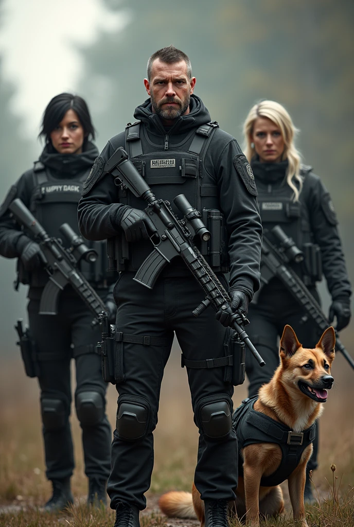 1 Man with short hair and beard and 2 women, one with short black hair and the other with long blonde hair, All three dressed in black tactical clothing, the man with long guns, guns on their waists on their legs and in their vests and women with handguns and pistols on their waists and a dog with black hair dressed in tactical clothing in a zombie apocalypse