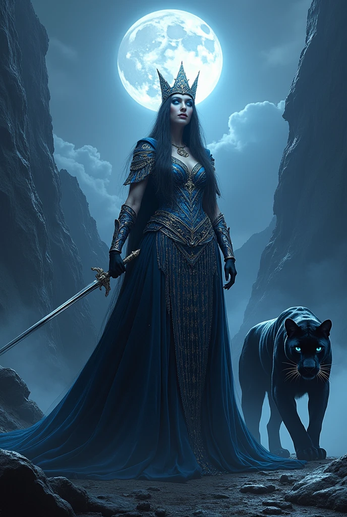 royal queen in royal coated dress and sword with shimmering sparkle blue eyes with black panther background with black mountaims with moon
