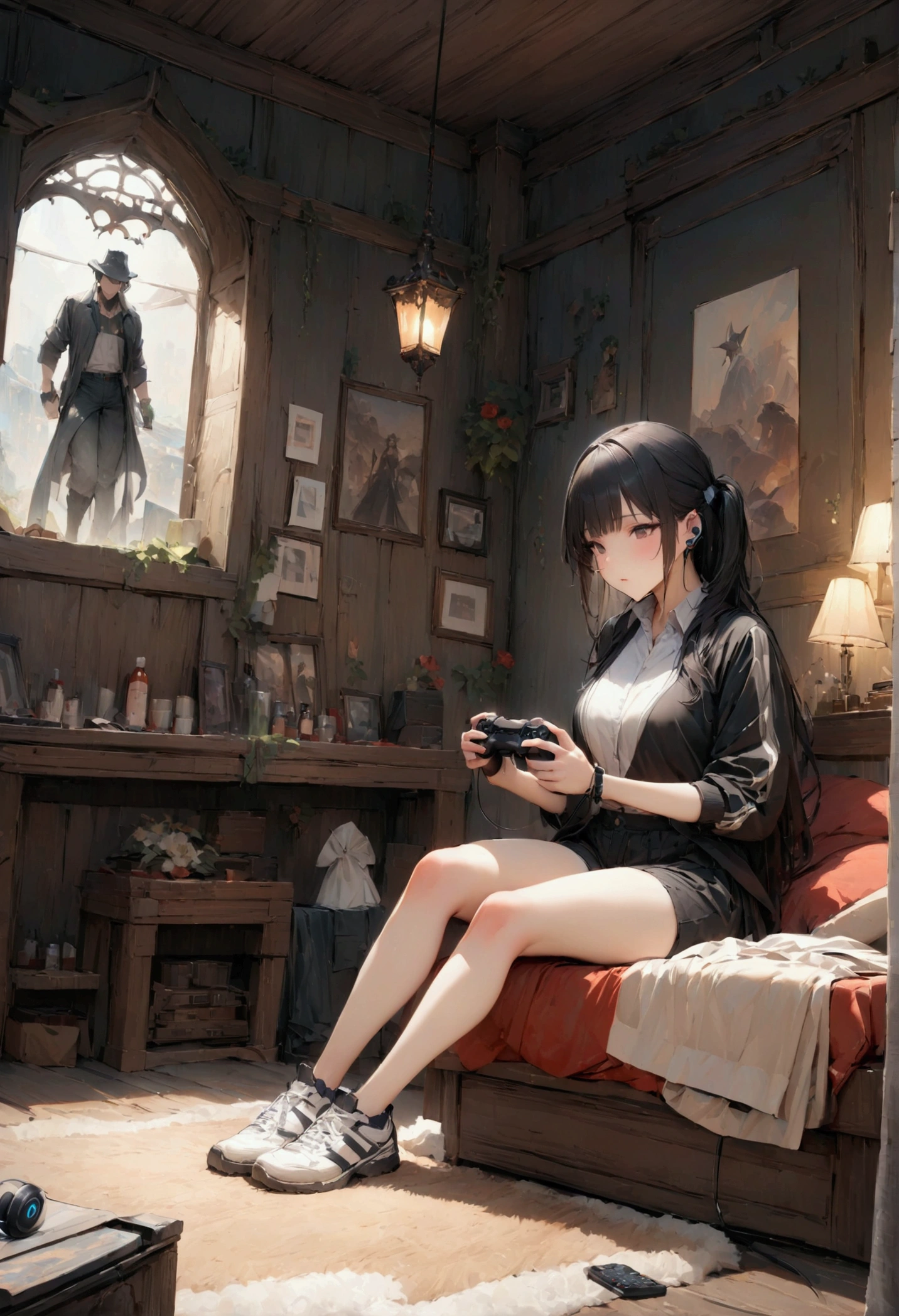 (masterpiece:1.3),(最high quality:1.4),(Very detailedな:1.5),High resolution,Very detailed,8k,artwork,High level of detail,rendering,high quality,Wide range of colors,(One person),Live Room,Inside the room,Sitting on the floor,bed,Press and hold the game controller, shoes,shoes下,carpet,Short pants,Naughty look,Poster,baseball用バット,baseball,music,cdx,paper towel,earphone,Cinematic light,Detailed Background,最high quality,8k,Wide Wide Shot,Depth of written boundary,High detail,masterpiece