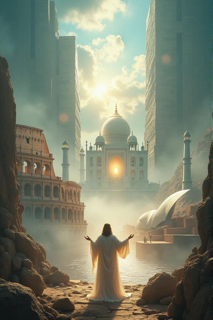 I need a landscape that encompasses Christ in the middle as the center, the coliseum, The Taj Mahal, the pyramids of egypt and the sydney opera house around