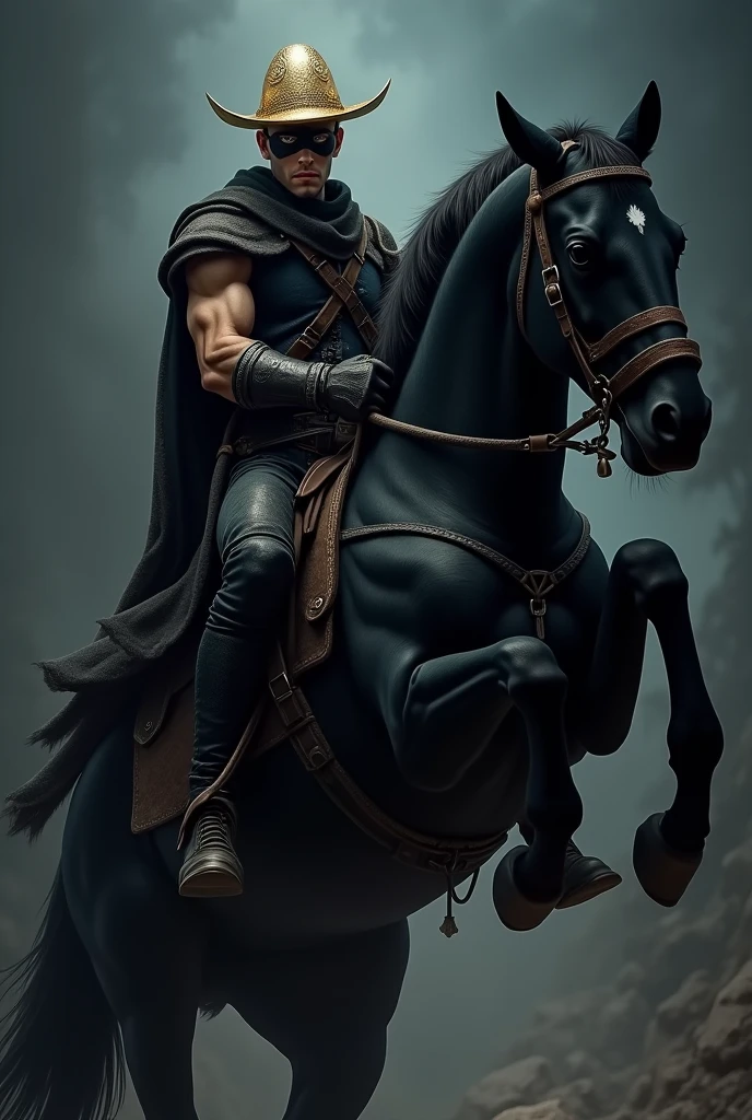 Young man with light blue eyes, pale blond hair and a hairy and vigorous body on a black horse and dressed as a bandit and a gold hat