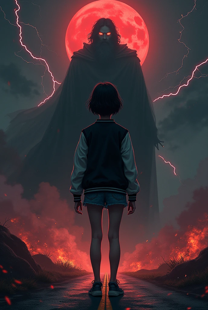 I want a mysterious picture. My book is on an ancient greek civilisation. Black colour theme. Zeus should be standing behind the girl. She has dark hair and a tomboy. I want a dark zeus standing behind her. Also only her back is visible. She ll be surrounded by thunder and lightning and also fire. No frocks or dresses. A jeans and shirt. Also dark zeus. Only surrounded by fire and lightning. And no anime. Realistic picture. A dark one. Zeus should not be visible a lot. Like people shouldnt know its zeus. So just a darkenned zeus. I dont want people to know its him. Um why dont we put a cloak on top of him. Make him more darker. A dark version. I dont want him to be white at all. Darker. I also want bit of blood moon. I want zeus larger. And throwing thunderbolts at the girl. Make zeus extra black. His eyes will bw glowing red. Make the whole background to pitch black. Only light is from fire the blood moon and lightning. Make it look realistic and cool. Not like a kids. Pure adult. No moutains or anything. Complete pitch black. Complete road has to be black. Put some clothes on zeus. The girl has short hair btw. Darker. Dark blood red moon. Cover zeus's face with a cloth. Make the girl short. She s 14 and will wear a varsity jacket. Make it black. Make zeus as a fading background. Totally black colour completely covered by a cloth. Zeuss eyes will be bloody red. Remove the plants
