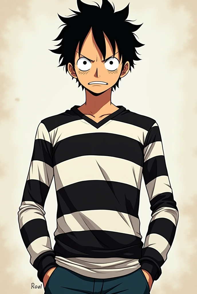 Monkey D. Luffy in prison uniform long sleeve black and white stripes front and back Original anime One Piece