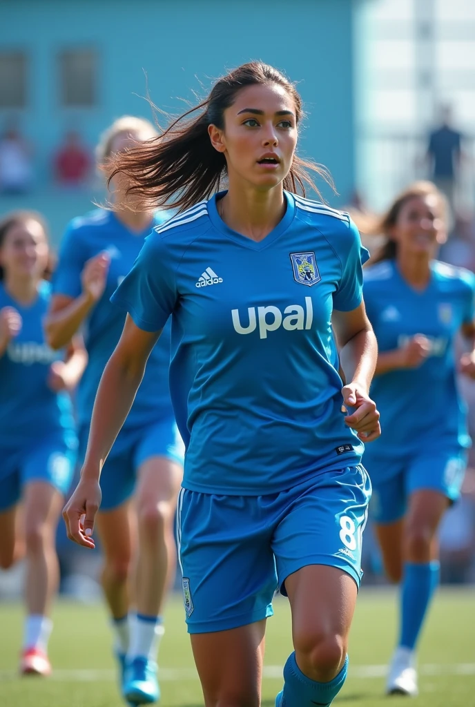 Mixed male and female university team in an athletics competition, with cerulean clothing and UPAL logo