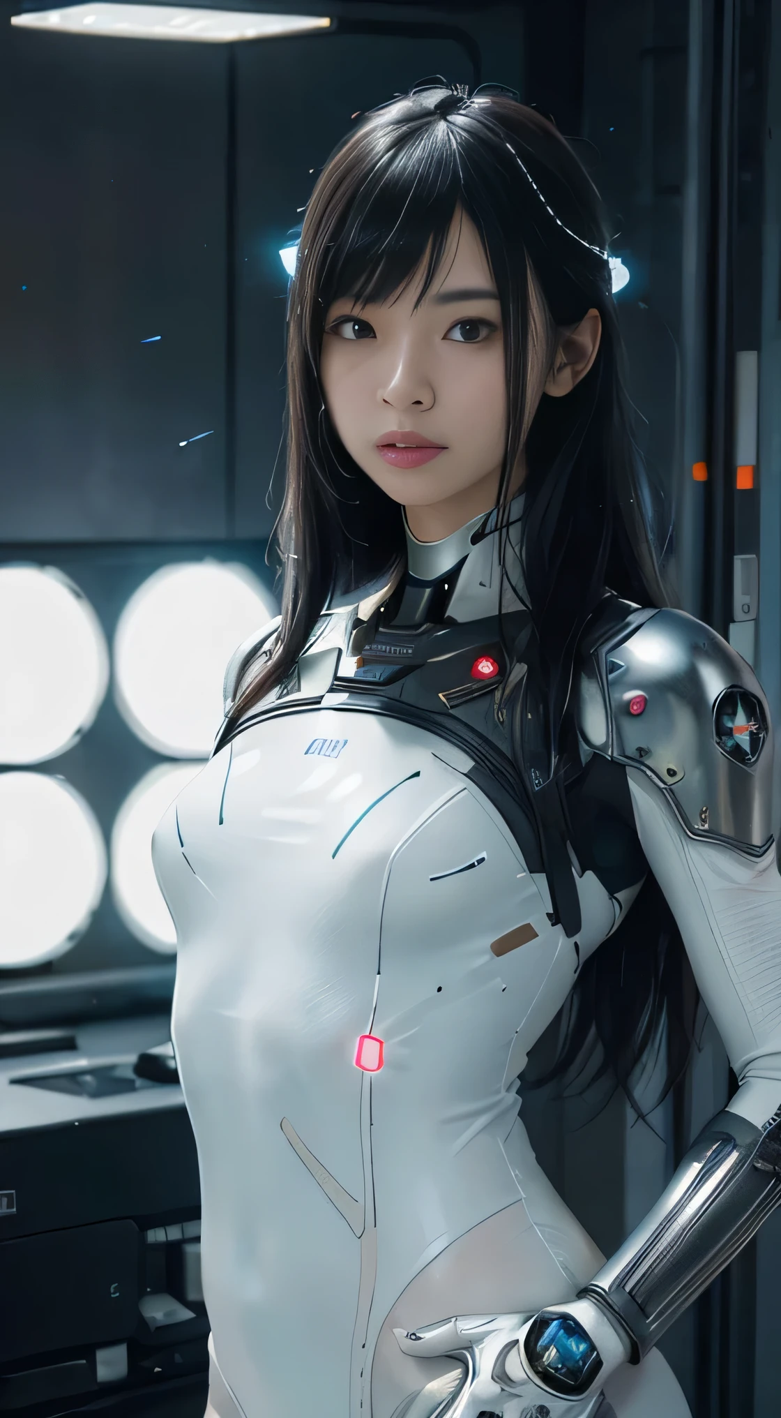 ((Highest quality)), ((masterpiece)), ((Realistic)), (detailed), (Photorealistic:1.5), Future Girl, Japanese,(Very thin body), (White bodysuit), 14 years,Height 143cm,Lights on Armor, Cybernetic Headwear, Exposed abdomen,Looking into the camera, Dynamic Pose, sf, Hmph, Ray Tracing, NVIDIA, Super Resolution, Unreal 5, Scattered beneath the surface, PBR Texturing, postprocessed, Anisotropic Filtering, Depth of written boundary, Maximum clarity and sharpness, Rule of thirds、8K RAW、(Luminous Particles:1.4)、(Very detailed CG、Unity 8k wallpaper、。.3d、Cinematic lighting、Lens flare)、Reflective plate、Sharp focus、Cyberpunk Art、Cyberpunk architecture、