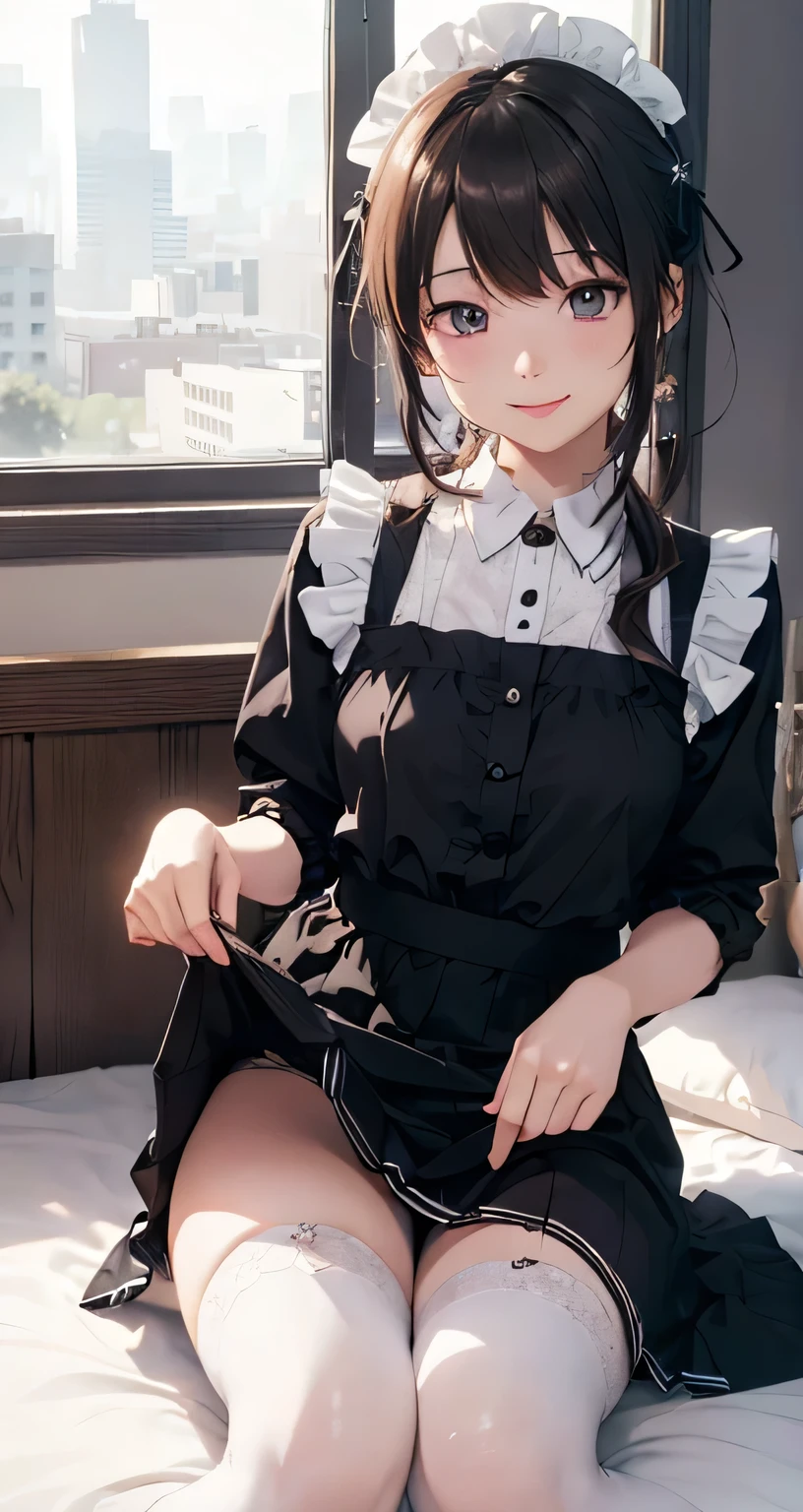 masterpiece, Highest quality,, One person, (Ecchi),(Beautifully detailed eyes and face),Cinematic Lighting,Bust Shot,Highly detailed CG Unity 8k wallpaper,alone,smile,Knee socks,((Skirt Lift)),(Bedroom), null, cloudy_null, ベッド moonライト, moon, night, (Dark Theme:1.3), Mini Maid Clothes