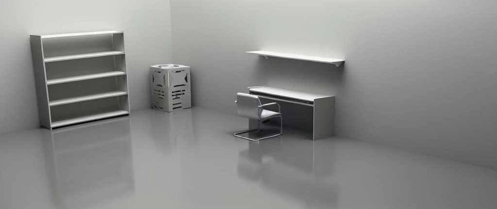 The white-walled room has a table and shelves, minimalist desk, Product rendering, minimalist home office, minimalist furniture, 3d minimalistic, simplistic design, product design render, 3 d product render, flat minimalistic, clean 3 d render, furniture concept photo!!, very realistic 3 d render, photographic render, 3d minimalistic art, desks