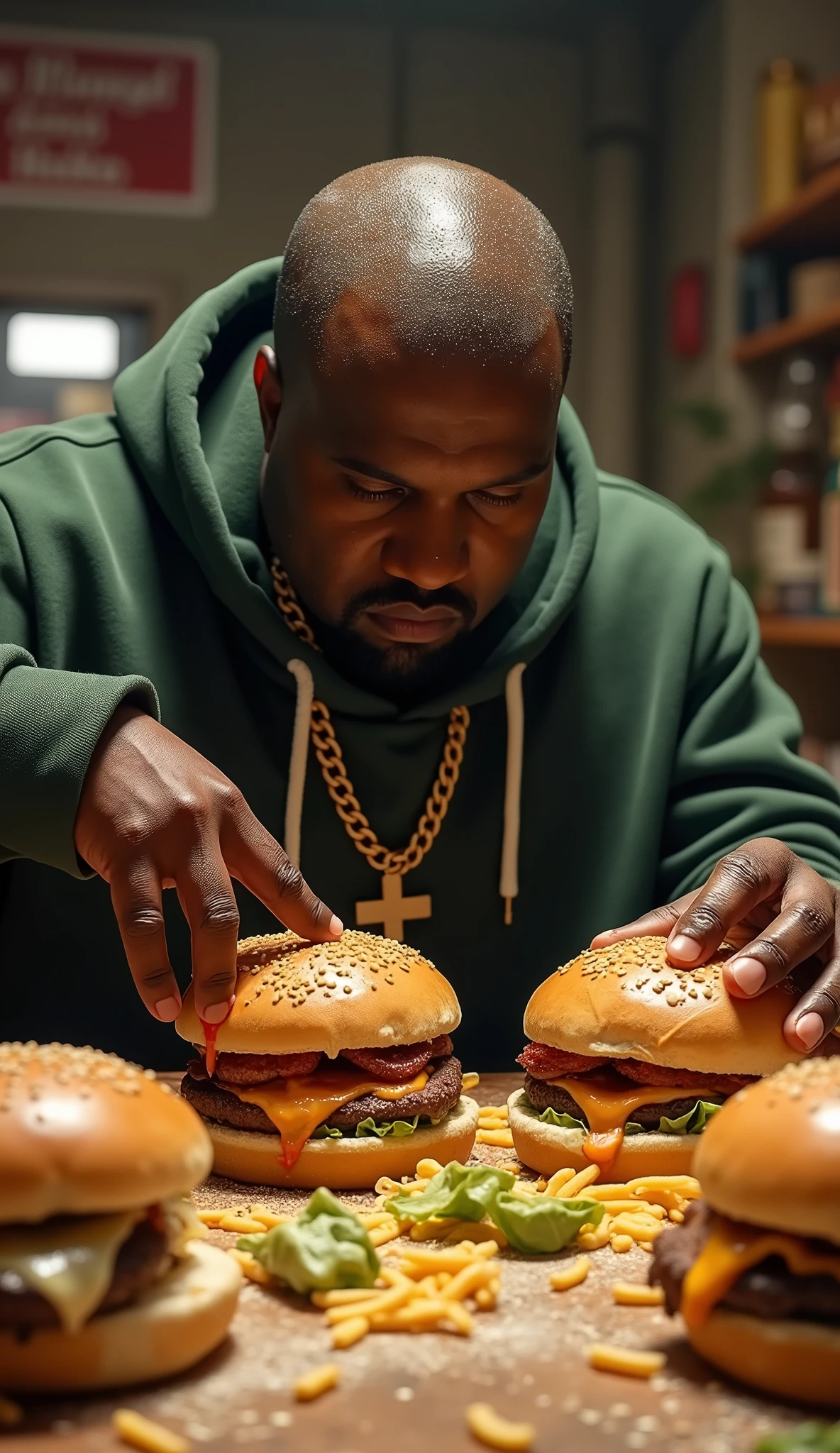 Kanye West eating hamburgers on a table messy