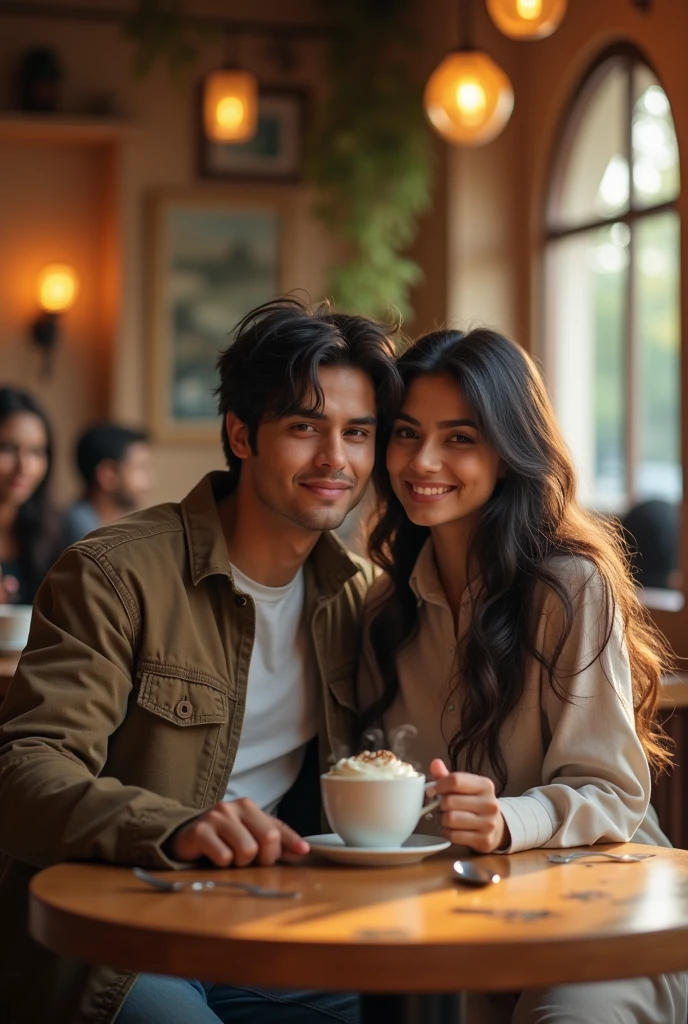 An indian couple both are 2,boy have a medium long hair and is wearing jacket and girl is having long hair and wearing shirt,both are seating in a cafe.and taking selfie 






