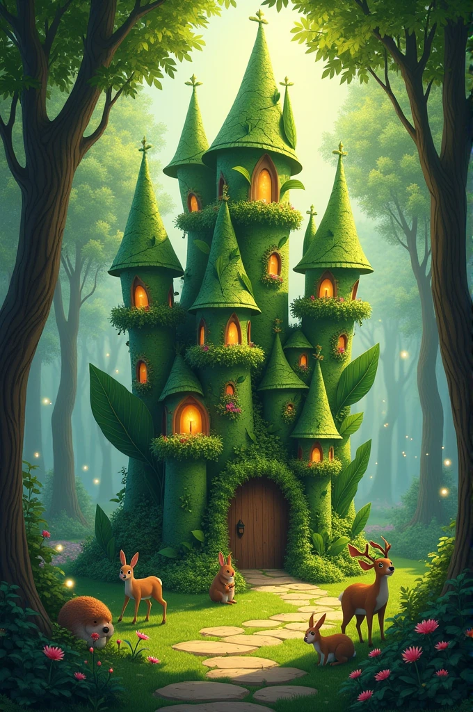 "Illustrate a magical castle made of large, vibrant leaves nestled deep in a whimsical forest. The castle’s turrets and towers are crafted from intertwined leaves and vines, with windows and doors framed by delicate flowers. Soft, dappled sunlight filters through the forest canopy, casting a warm, inviting glow over the scene. Surround the castle with playful woodland creatures and glowing fireflies, creating an enchanting, fairytale atmosphere."