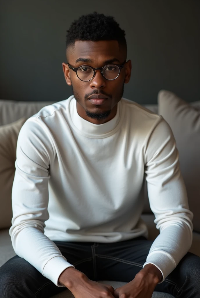 best qualityer:1.4), (ultra high resolution:1.2), (photorrealistic:1.4), (8k, CRU photo:1.2), a thin young man of 20 years old, skin black, with a smooth, beardless face, corte de cabelo buzzcut. thin build. He is wearing a white long-sleeved, high-neck shirt.. He is wearing black jeans. He is wearing glasses. He is sitting on the couch with a seductive look. Corte de cabelo buzzcut com cabelo em cima.