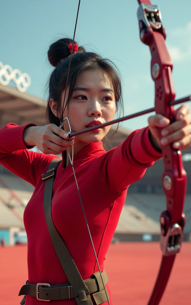 Ultra-high resolution，Women&#39;s Archery at the Olympics，Red outfit，real picture，（1 Korean beauty，Super beautiful，Fair skin）full-body shot，Panoramic vistas，Wide-angle lens，Olympic Games venue，Professional equipment，Focus，Ten rings，Olympic competition background