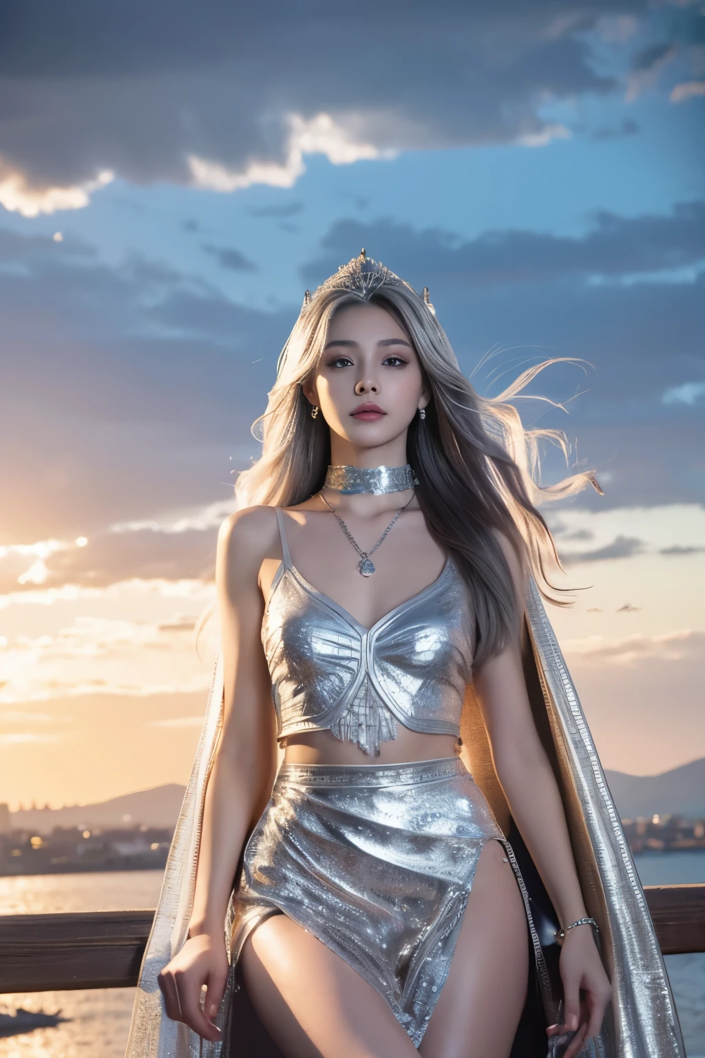 photorealistic, 1girl, ((slim body)), long hair, gradient hair, solo, detailed eyes, jewelry, bracelet, choker, small breasts, looking at viewer, realistic, necklace, (((silver princess))), long skirt, thigh highs, silver cape, sardine, lace, evening, sunlight, clouds, in the sky, clouds, realistic sun light,, detailed, upper body, sitting, 
