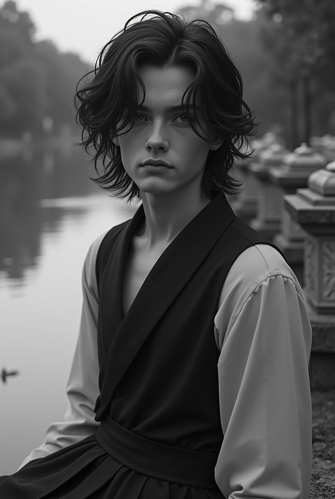 handsome boy with wavy long hair sad , black and white dress lake side background sir benches