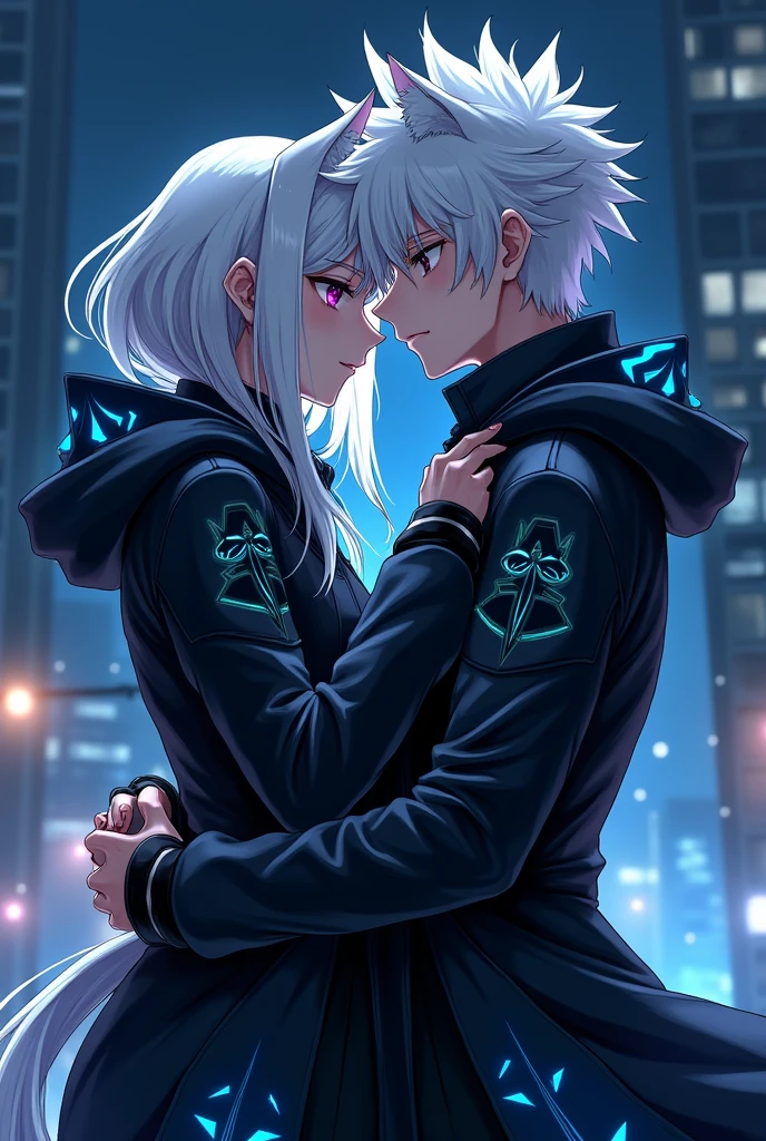 Anime girl and boy hugs each other both are wearing black jacket with some future astic blue pattern on it background city jacket cover with head and zoom more and background little bit of dark jacket has hat and they are wearing it anime boy and girl both have white hair and make their look little bit of wolf style make background night city make girl looks little jealous face