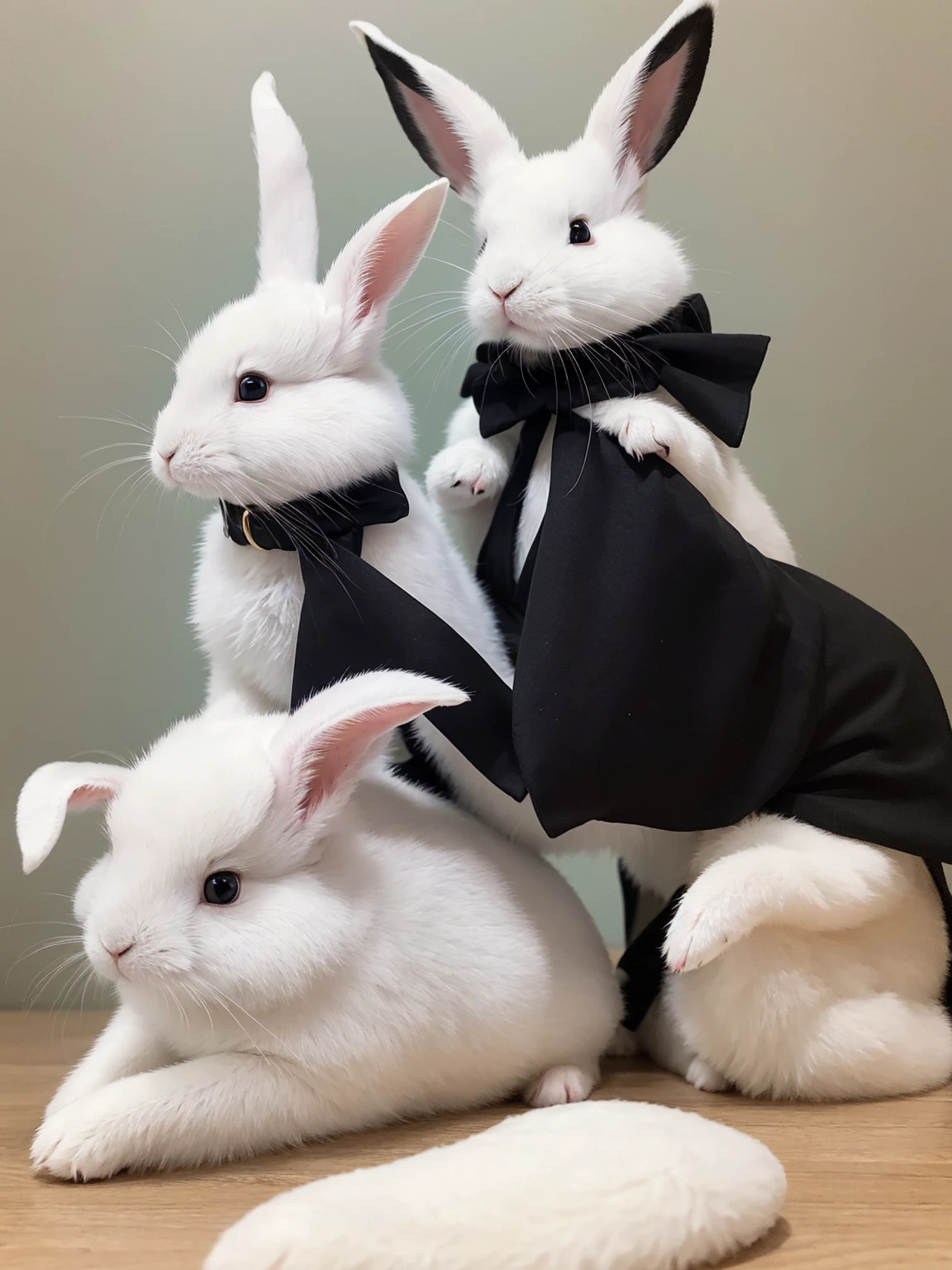 A white rabbit with lop-ears and a black rabbit