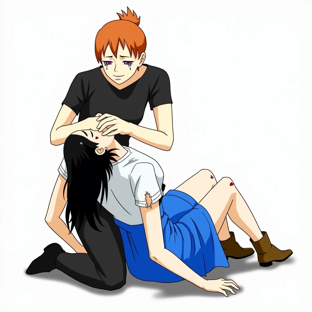woman, tears from the eyes, with very short orange hair, gathered in a small ponytail and green eyes, in a grey T-shirt and grey pants, holds an unconscious woman in his arms,, closed eyes, with black long hair in a white T-shirt and a blue long skirt, Brown boots, clothes covered in blood, face in blood, the clothes are torn in places, wounds on the body, a lot of blood, It's all in the blood, anime art, masterpiece, realistically, professional quality, super detail