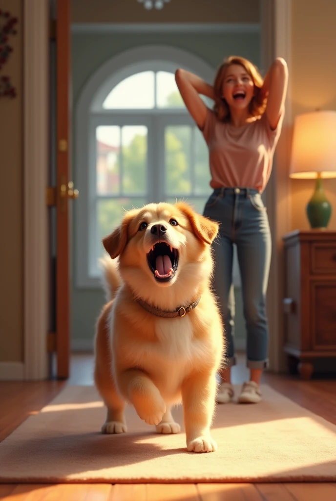 A dog barking a lot when receiving visitors at home. His female guardian with both hands on her head.