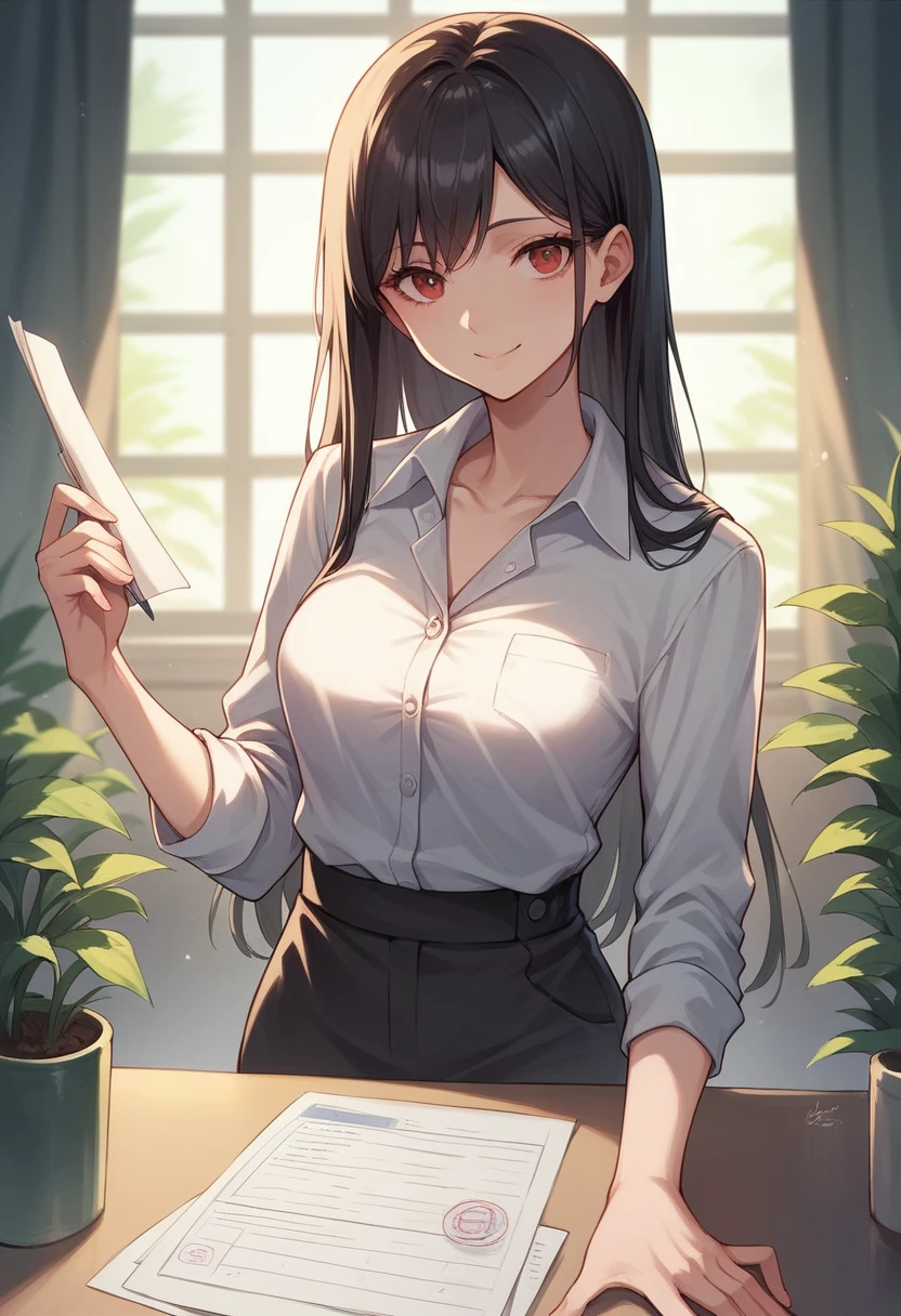 A beautiful anime-style girl with a small bust, slender body, and long black hair, her red eyes filled with a shy smile, elegant and sensual, bathed in chiaroscuro lighting with warm tones, office worker, detailed, high quality
