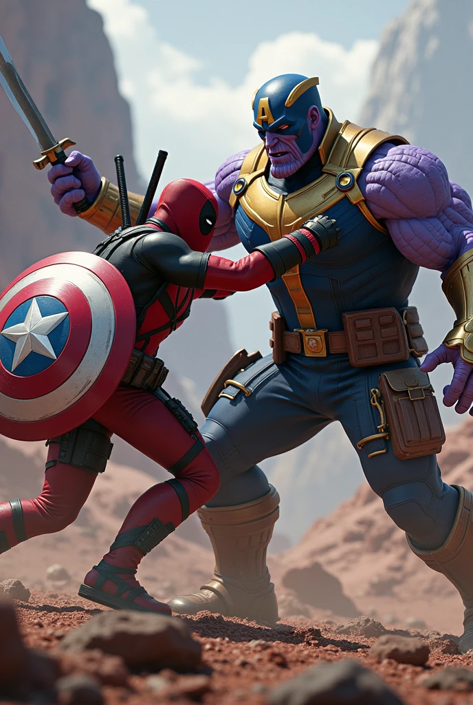 Deadpool fighting with Thanos In titan with captain america shield 