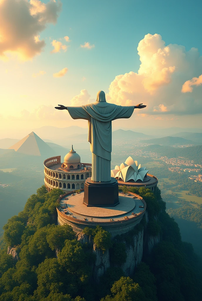 I need a horizontal landscape that encompasses Christ the Redeemer in the middle as the center, the coliseum, The Taj Mahal, the pyramids of egypt and the sydney opera house around