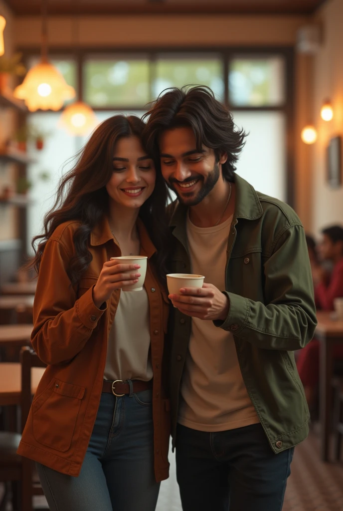 An indian couple both are 2,boy have a medium long hair and is wearing jacket and girl is having long hair and wearing shirt,both are seating in a cafe.and taking selfie