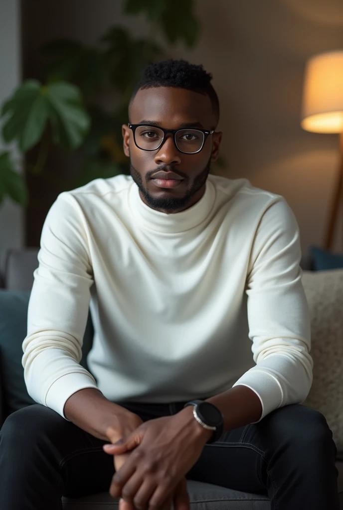 best qualityer:1.4), (ultra high resolution:1.2), (photorrealistic:1.4), (8k, CRU photo:1.2), a thin young man of 20 years old, skin black, with a smooth, beardless face, corte de cabelo buzzcut. thin build. He is wearing a white long-sleeved, high-neck shirt.. He is wearing black jeans. He is wearing glasses. He is sitting on the couch with a seductive look. Buzzcut haircut with short hair on top.