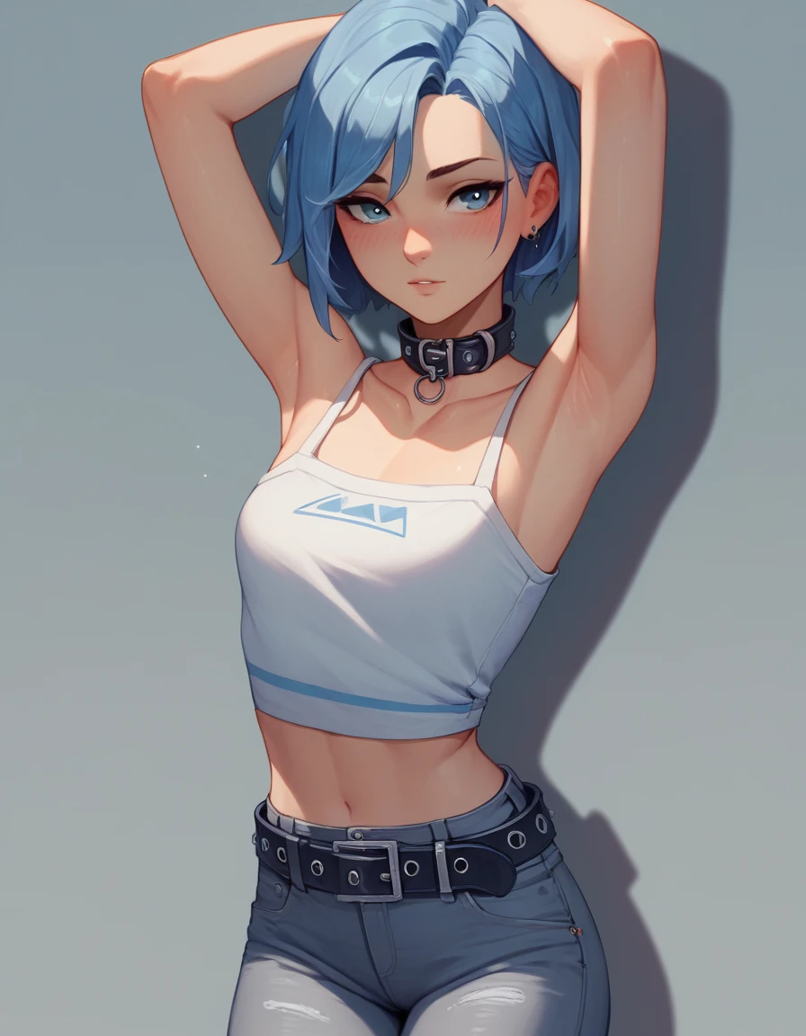 Arms up, armpits, presenting armpits, blue blush, gray jeans, gotic belt, collar, collarbone