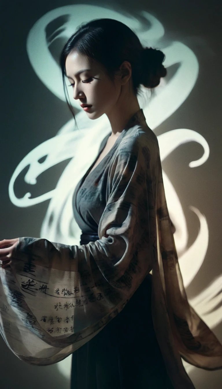 Double exposure style,Volumetric Lighting,Girl in wrap top,Arching her back,Traditional clothing,Artistic calligraphy and ink,light depth,Dramatic atmospheric lighting,Volumetric Lighting,Ghosting effect,Image combination,Double exposure style,