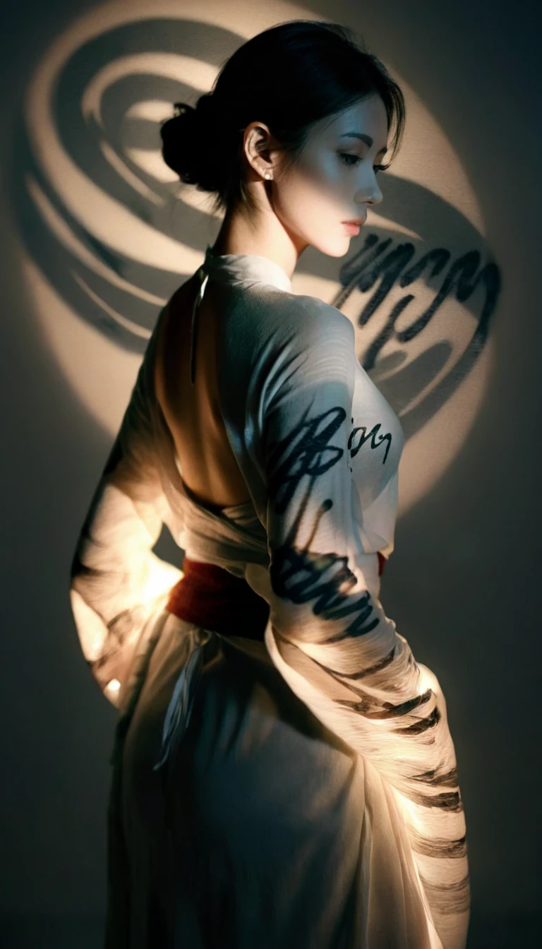Double exposure style,Volumetric Lighting,Girl in wrap top,Arching her back,Traditional clothing,Artistic calligraphy and ink,light depth,Dramatic atmospheric lighting,Volumetric Lighting,Ghosting effect,Image combination,Double exposure style,
