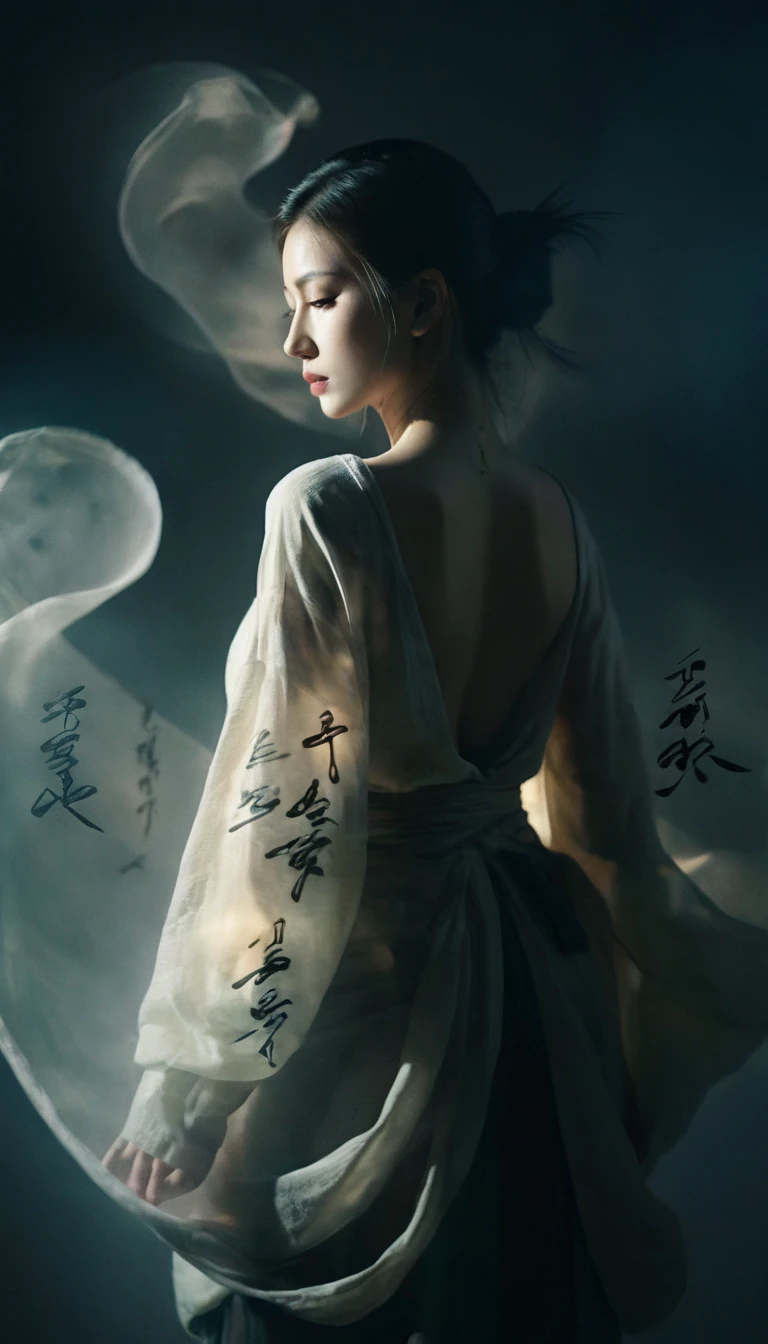 Double exposure style,Volumetric Lighting,Girl in wrap top,Arching her back,Traditional clothing,Artistic calligraphy and ink,light depth,Dramatic atmospheric lighting,Volumetric Lighting,Ghosting effect,Image combination,Double exposure style,