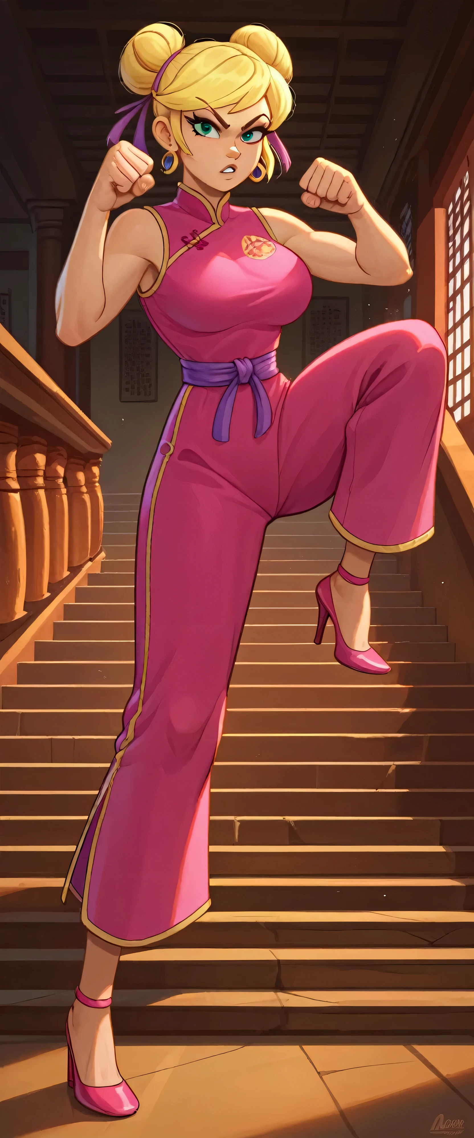 lola loud, 1girl, solo, 24yo girl, large breasts, pink cheongsam,  inside of a chinese temple, looking at viewer, blonde hair, two hair buns , hands  score_9, score_8_up, score_7_up, high heels, teep fighting stance,martial arts, stairs behind her, guarding the stairs