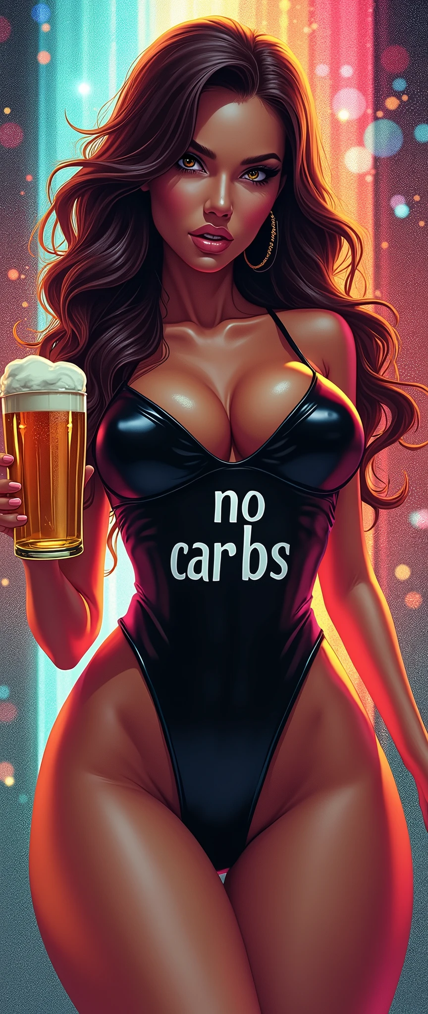 (masterpiece),(Highest quality),(Very detailed),(Ultra-high resolution),(Best illustrations),(Beer advertising poster:2.0),8k,wallpaper,(One Woman),(smile:2.0),(Short Hair:2.0),(Black super high leg latex leotard that fits perfectly:2.0),(For the leotard"No carbs"with the logo on it:2.0),(cleavage:2.0),(Detailed costume drawings),(Beautiful Face,Beautiful Eyes,Beautiful Hair),(Detailed face drawing:2.6),(Beautiful female hands:2.0),(Glowing Skin:1.3),(gigantic breasts:2.0),(Thick thighs:2.0),(Super sexy:2.0),(psychedelic,Neon Art,pop,progressive),(Detailed hands:2.0),(Condescending look:2.0,The woman is looking down:2.0),((From below:2.0)),(Background is beer bubbles:2.0),(A woman is holding a beer mug in one hand:2.0)