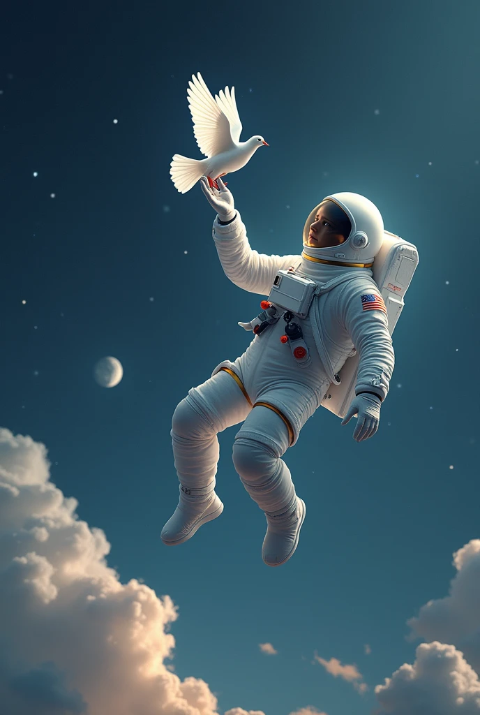 Am astronaut floating in space, he has stretched one of his hand to reach out a small white dove, there are stars behind the astronaut in the background like small white dots . There's also space clouds behind the astronaut. And there's the moon beneath him. The astronauts legs and hands are not closed to his body , he is open , he is free, he is floating , he's in peace.(While creating the image ,no need to show the astronauts face , his body must be covered with suite as he is in space , I have described about the astronaut seeing illusions)