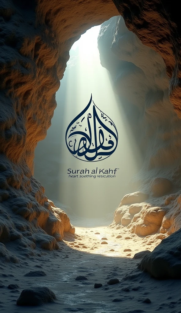 "A serene, spiritual scene depicting the interior of a cave illuminated by soft natural light. The environment is peaceful, with rocky walls and a pathway leading out of the cave. In the center, Arabic calligraphy beautifully displays 'Surah Al-Kahf,' with an accompanying text that reads 'Heart Soothing Recitation.' The atmosphere is tranquil, invoking a sense of calm and reflection."