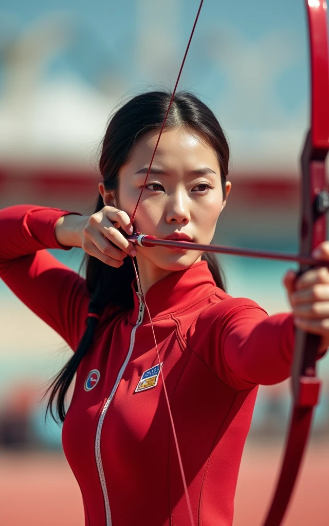 Ultra-high resolution,Women's Archery at the Olympics,Red outfit,real picture,(1 Korean beauty,Super beautiful,Fair skin)full-body shot,Panoramic vistas,Wide-angle lens,Olympic Games venue,Professional equipment,Focus,Ten rings,Olympic competition background